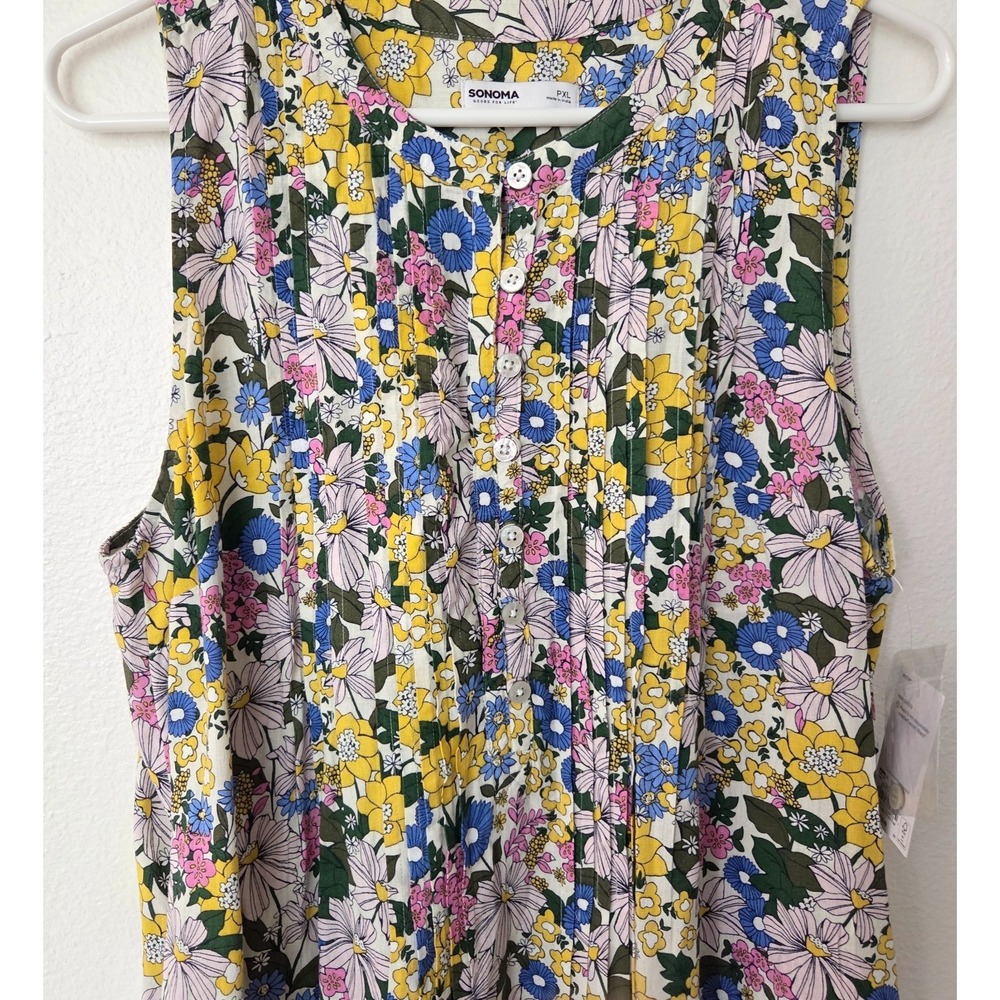 Sonoma Coastal Linen Shift Dress Floral Cottagecore Pintuck Pockets NEW PXL - Picture 3 of 16